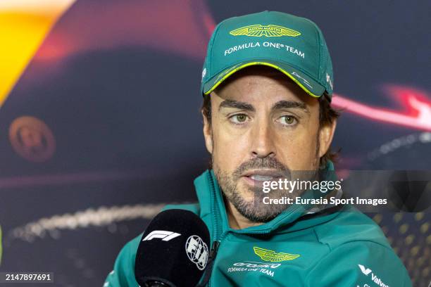 Fernando Alonso of Spain and Aston Martin F1 team attends the Drivers Press Conference during previews ahead of the F1 Grand Prix of China at...