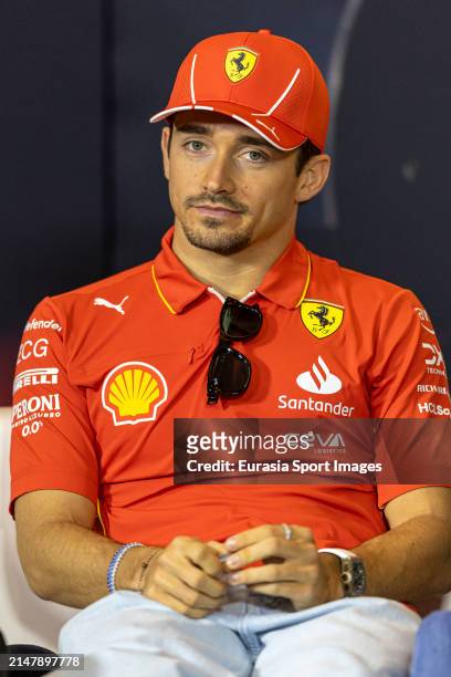 Charles Leclerc of Monaco and Ferrari attends the Drivers Press Conference during previews ahead of the F1 Grand Prix of China at Shanghai...