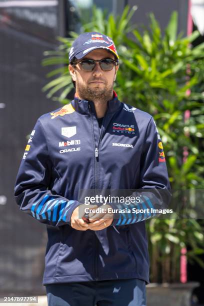 Sergio Perez of Mexico and Oracle Red Bull Racing reacts during previews ahead of the F1 Grand Prix of China at Shanghai International Circuit on...