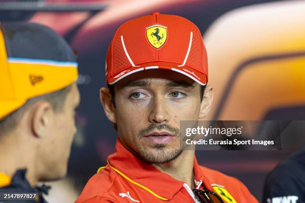 Charles Leclerc of Monaco and Ferrari attends the Drivers Press Conference during previews ahead of the F1 Grand Prix of China at Shanghai...