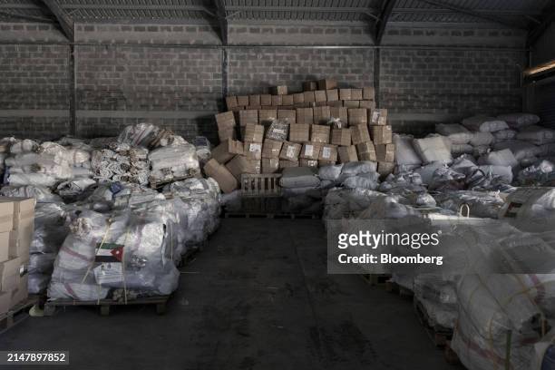 Humanitarian aid supplies ahead of shipping to the Gaza Strip at a warehouse operated by the Jordan Hashemite Charity Organization in Amman, Jordan,...