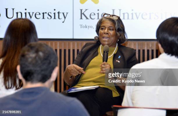 Ambassador to the United Nations Linda Thomas-Greenfield answers a student's question on artificial intelligence at Keio University in Tokyo on April...