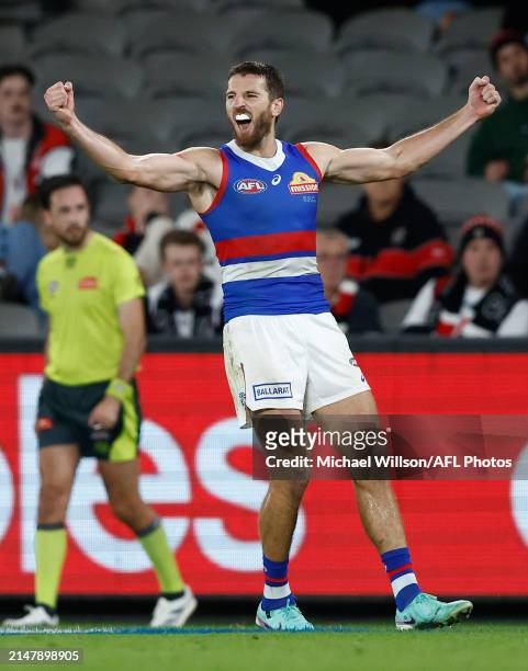 Marcus Bontempelli of the Bulldogs celebrates a goal during the 2024 AFL Round 06 match between the St Kilda Saints and the Western Bulldogs at...