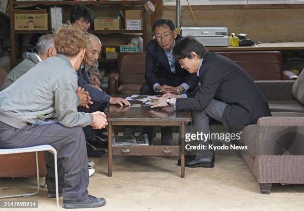 Japanese Crown Prince Fumihito visits an earthquake-hit farm in the Ishikawa Prefecture town of Anamizu on April 18 following the Jan. 1 disaster in...