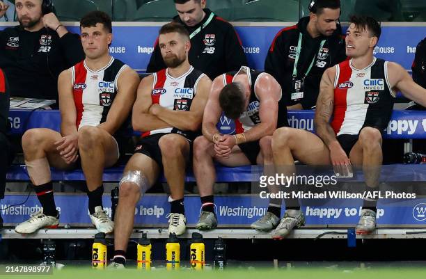 Dan Butler of the Saints is seen with ice on his hamstring during the 2024 AFL Round 06 match between the St Kilda Saints and the Western Bulldogs at...
