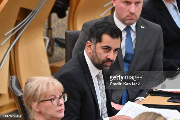 First Minister Humza Yousaf, during First Minister's Questions in the Scottish Parliament, on April 18, 2024 in Edinburgh, Scotland.