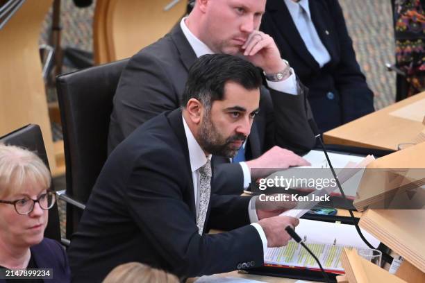 First Minister Humza Yousaf, during First Minister's Questions in the Scottish Parliament, on April 18, 2024 in Edinburgh, Scotland.