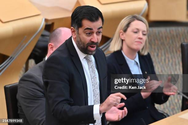 First Minister Humza Yousaf speaks during First Minister's Questions in the Scottish Parliament, on April 18, 2024 in Edinburgh, Scotland.