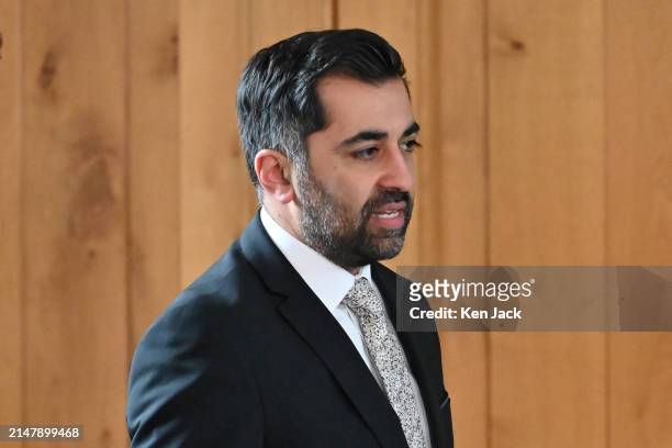 First Minister Humza Yousaf leaves the chamber following First Minister's Questions in the Scottish Parliament, on April 18, 2024 in Edinburgh,...