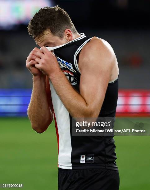 Zaine Cordy of the Saints looks dejected after a loss during the 2024 AFL Round 06 match between the St Kilda Saints and the Western Bulldogs at...