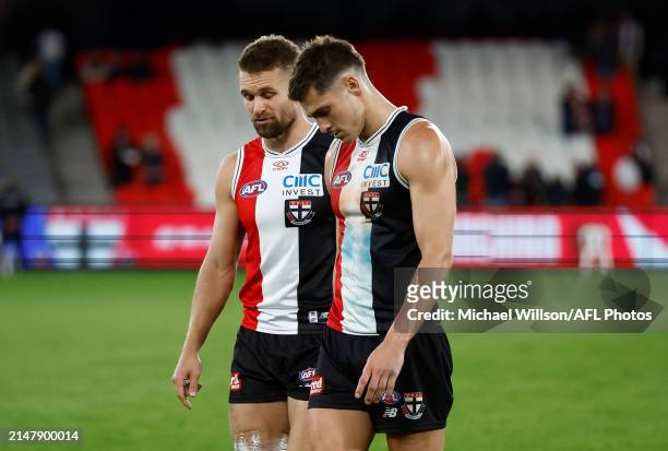 Dan Butler and Jack Steele of the Saints looks dejected after a loss during the 2024 AFL Round 06 match between the St Kilda Saints and the Western...