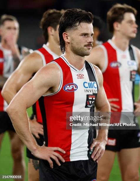 Jack Sinclair of the Saints looks dejected after a loss during the 2024 AFL Round 06 match between the St Kilda Saints and the Western Bulldogs at...
