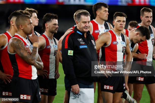 Ross Lyon, Senior Coach of the Saints looks dejected after a loss during the 2024 AFL Round 06 match between the St Kilda Saints and the Western...
