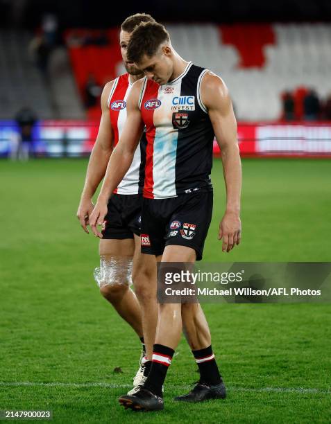 Jack Steele of the Saints looks dejected after a loss during the 2024 AFL Round 06 match between the St Kilda Saints and the Western Bulldogs at...