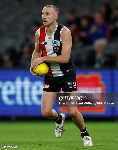 Callum Wilkie of the Saints in action during the 2024 AFL Round 06 match between the St Kilda Saints and the Western Bulldogs at Marvel Stadium on...