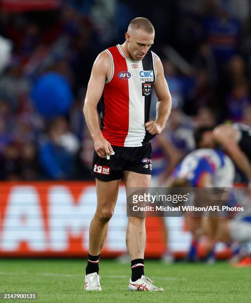 Callum Wilkie of the Saints looks dejected after a loss during the 2024 AFL Round 06 match between the St Kilda Saints and the Western Bulldogs at...