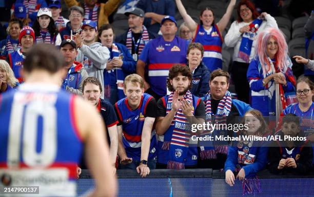 Sam Darcy of the Bulldogs celebrates with fans during the 2024 AFL Round 06 match between the St Kilda Saints and the Western Bulldogs at Marvel...
