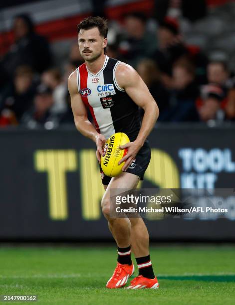 Jack Sinclair of the Saints in action during the 2024 AFL Round 06 match between the St Kilda Saints and the Western Bulldogs at Marvel Stadium on...