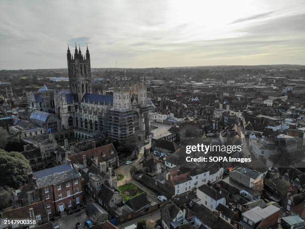 An Aerial view of the famous Canterbury Cathedral in Kent.