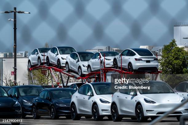 Tesla vehicles at the company's assembly plant in Fremont, California, US, on Wednesday, April 17, 2024. Tesla Inc. Is slashing headcount by more...