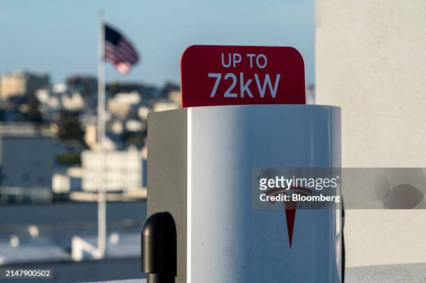 Tesla supercharging station in San Francisco, California, US, on Wednesday, April 17, 2024. Tesla Inc. Is slashing headcount by more than 10%, part...