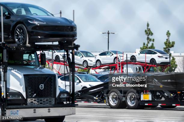 Tesla vehicles at the company's assembly plant in Fremont, California, US, on Wednesday, April 17, 2024. Tesla Inc. Is slashing headcount by more...