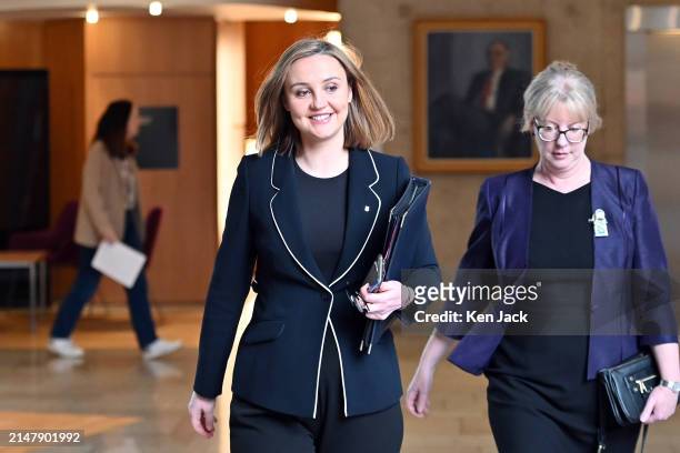 Mairi McAllan , Cabinet Secretary for Net Zero, and Deputy First Minister Shona Robison on the way to the chamber of the Scottish Parliament, to make...