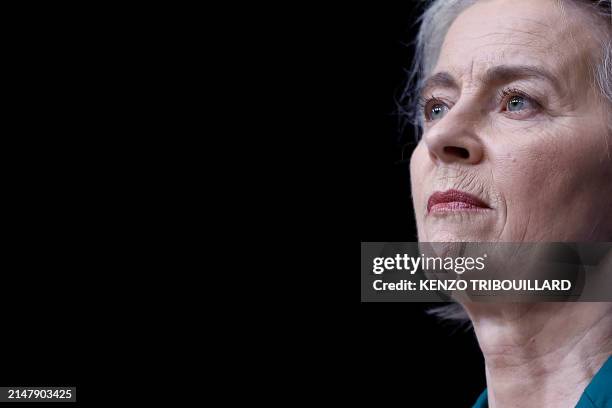 President of the European Commission Ursula von der Leyen looks on during a press conference at the end of the European Council summit at the EU...