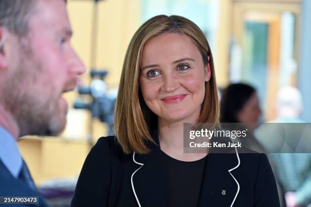 Mairi McAllan, Cabinet Secretary for Net Zero, is interviewed in the Garden Lobby after making a Ministerial Statement in the Scottish Parliament on...