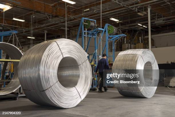 Rolls of aluminum conductive materials at the TS Conductor Corp. Production facility in Huntington Beach, California, US, on Wednesday, April 10,...