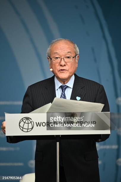 Japanese Finance Minister Shun'ichi Suzuki speaks during an event about expanding health coverage for all during the IMF-World Bank Group spring...