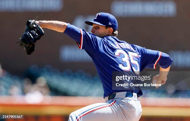 Jack Leiter of the Texas Rangers pitches against the Detroit Tigers during the first inning of his MLB Debut at Comerica Park on April 18, 2024 in...