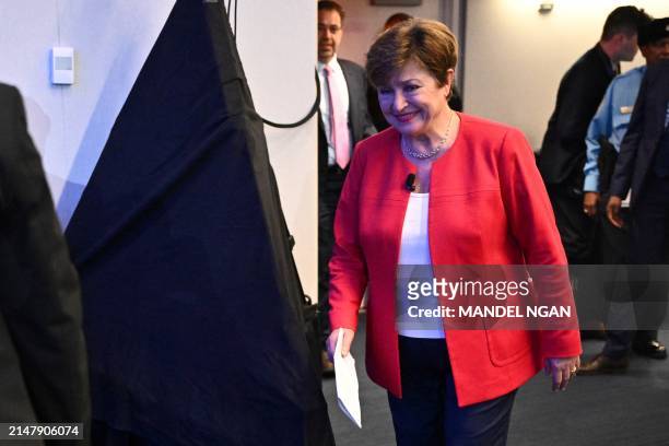 Managing Director of the International Monetary Fund Kristalina Georgieva arrives at a Debate on the Global Economy at IMF headquarters during the...