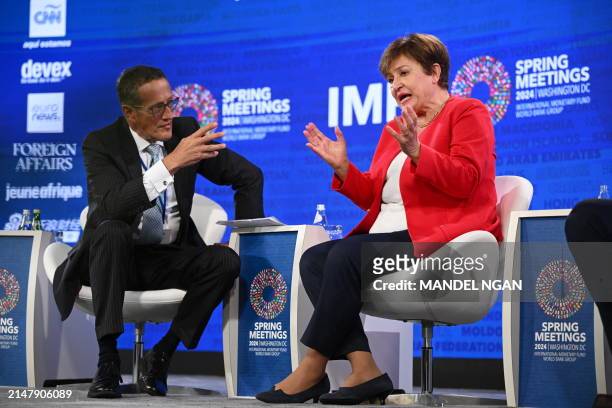 Journalist Richard Quest talks with Managing Director of the IMF Kristalina Georgieva during a "Debate on the Global Economy" during the IMF-World...