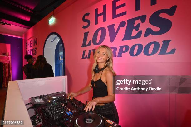 Plays music for guests at the launch of the SHEIN pop-up store at Liverpool One on April 18, 2024 in Liverpool, England.