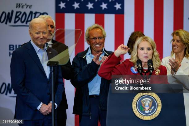 Kerry Kennedy, president of the RFK Center for Justice and Human Rights, speaks during a campaign event with US President Joe Biden, left, at the...