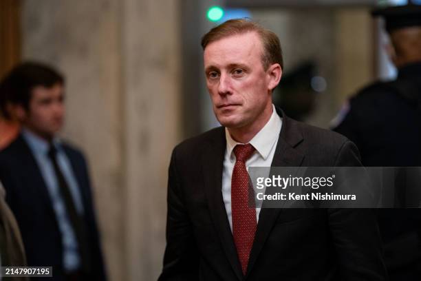 National Security Advisor Jake Sullivan arrives at the U.S. Capitol on April 18, 2024 in Washington, DC. Speaker Mike Johnson is pushing aid to...