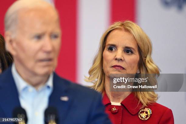 Kerry Kennedy looks on as U.S. President Joe Biden speaks during a campaign event at Martin Luther King Recreation Center on April 18, 2024 in...