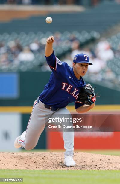 Jack Leiter of the Texas Rangers pitches against the Detroit Tigers in the third inning during his MLB Debut at Comerica Park on April 18, 2024 in...