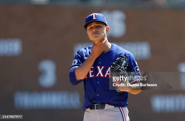 Jack Leiter of the Texas Rangers waits to pitch against the Detroit Tigers during the first inning of his MLB Debut at Comerica Park on April 18,...