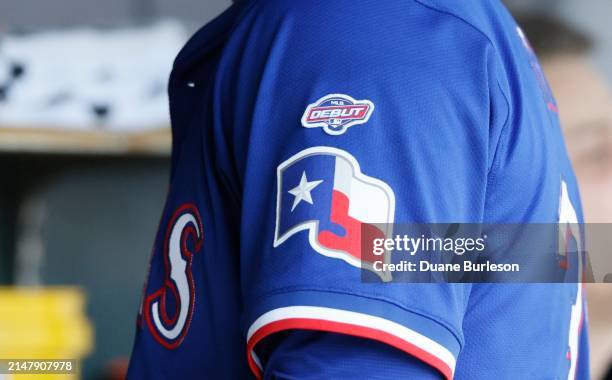 Detail view of the MLB Debut patch on the sleeve of Jack Leiter of the Texas Rangers during a game against the Detroit Tigers at Comerica Park on...