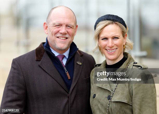 Mike Tindall and Zara Tindall attend day 2 of the April Meeting at Cheltenham Racecourse on April 18, 2024 in Cheltenham, England.