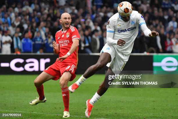 Marseille's Cameroonian forward Faris Moumbagna scores his team's first goal during the UEFA Europa League quarter final second leg football match...