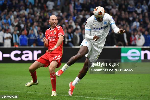 Marseille's Cameroonian forward Faris Moumbagna scores his team's first goal during the UEFA Europa League quarter final second leg football match...