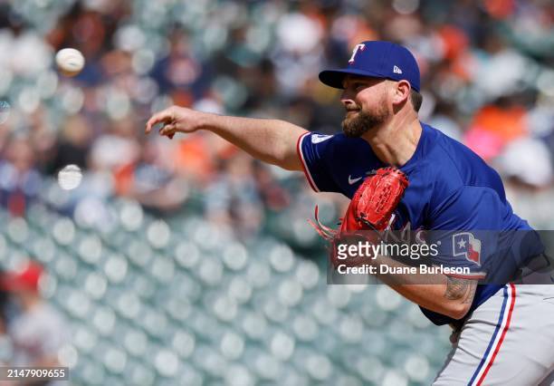 Kirby Yates of the Texas Rangers pitches against the Detroit Tigers during the eighth inning at Comerica Park on April 18, 2024 in Detroit, Michigan.