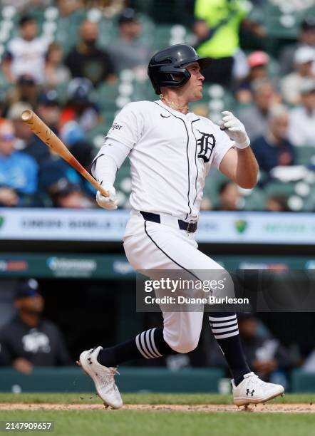 Kerry Carpenter of the Detroit Tigers flies out against the Texas Rangers during the sixth inning at Comerica Park on April 18, 2024 in Detroit,...