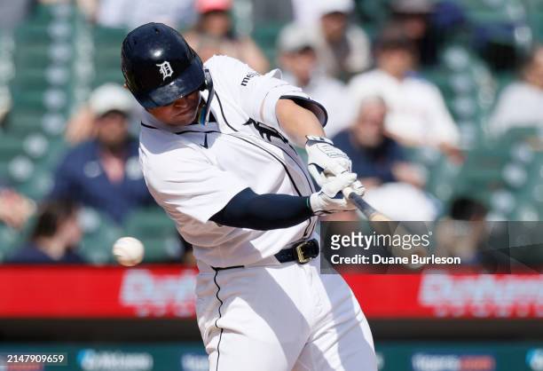 Spencer Torkelson of the Detroit Tigers strikes out against the Texas Rangers during the eighth inning at Comerica Park on April 18, 2024 in Detroit,...