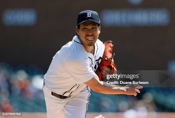 Kenta Maeda of the Detroit Tigers pitches against the Texas Rangers during the first inning at Comerica Park on April 18, 2024 in Detroit, Michigan.