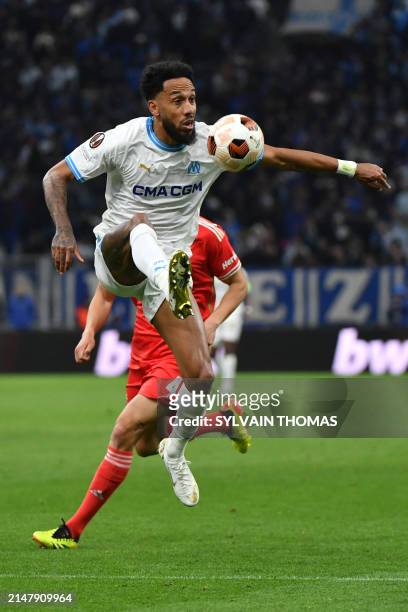 Marseille's French-Gabonese forward Pierre-Emerick Aubameyang controls the ball during the UEFA Europa League quarter final second leg football match...