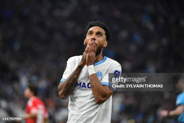 Marseille's French-Gabonese forward Pierre-Emerick Aubameyang reacts during the UEFA Europa League quarter final second leg football match between...